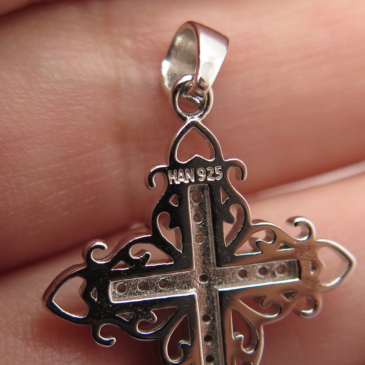 HAN 925 Sterling Silver Real Round-Cut White Diamond Cross Pendant