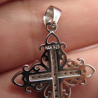 HAN 925 Sterling Silver Real Round-Cut White Diamond Cross Pendant