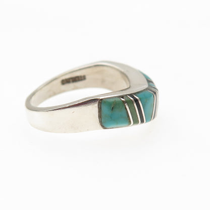 Old Pawn 925 Sterling Silver Vintage Turquoise & Black Onyx Wavy Ring Size 8.25