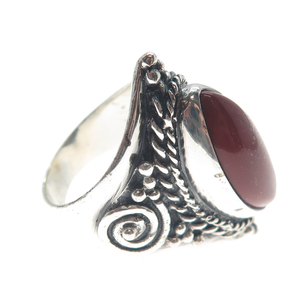925 Sterling Silver Vintage Real Red Jasper Spiral Beaded Oxidized Ring Size 10