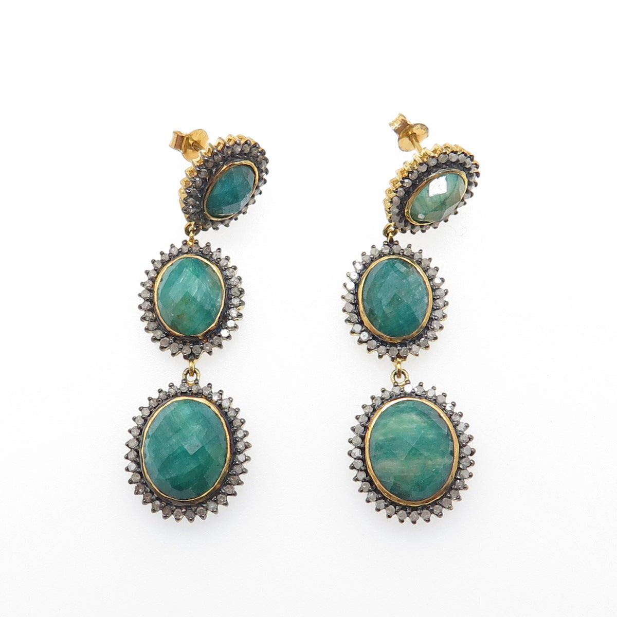 925 Sterling Silver Gold Plated Real Diamond & Emerald Dangle Earrings