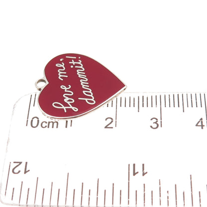 925 Sterling Silver Vintage Red Enamel Love Me, Dammit! Heart Charm Pendant
