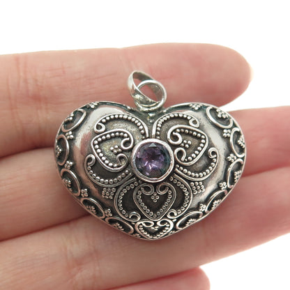 925 Sterling Silver Vintage Real Amethyst Granulated Heart Rattle Pendant