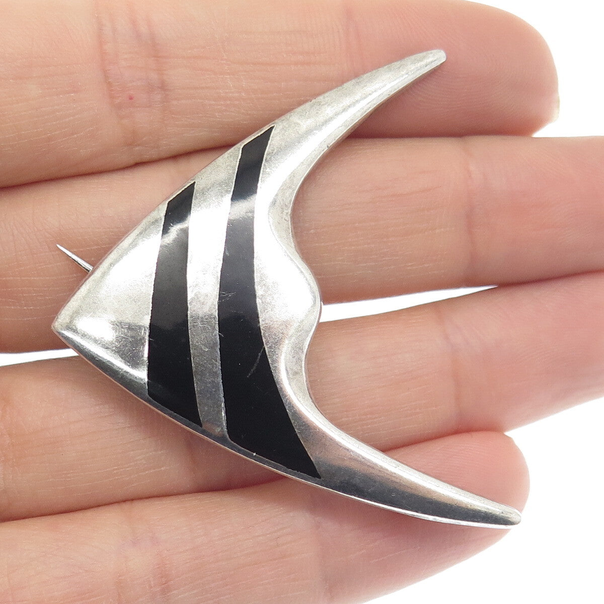 MEKA 925 Sterling Silver Vintage Denmark Real Black Onyx Angelfish Pin Brooch