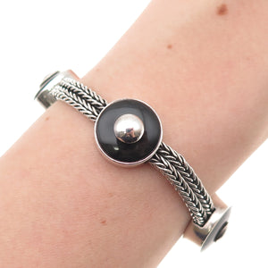 925 Sterling Silver Vintage Real Black Onyx Spiga Link Station Bracelet 6.75"