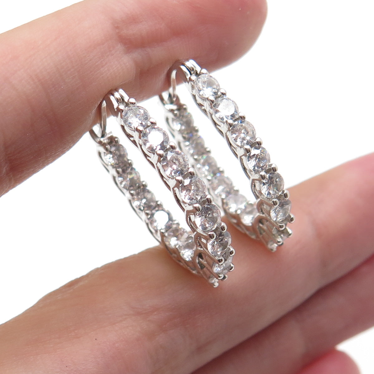 925 Sterling Silver Round-Cut C Z In & Out Hoop Earrings