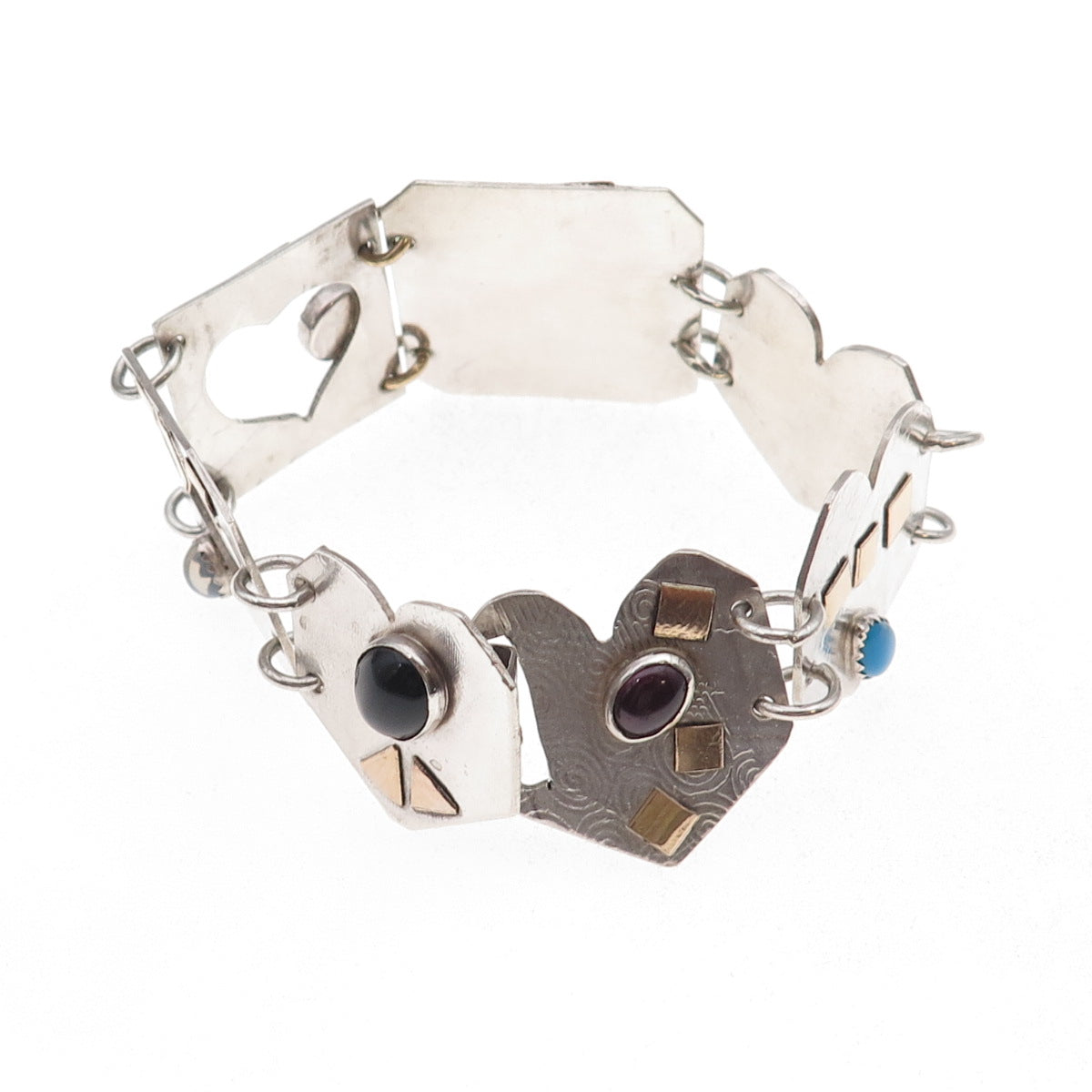 925 Sterling Silver Gold Filled Vintage Real Multi-Gem Modernist Bracelet 7.25"