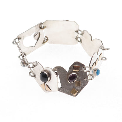925 Sterling Silver Gold Filled Vintage Real Multi-Gem Modernist Bracelet 7.25"
