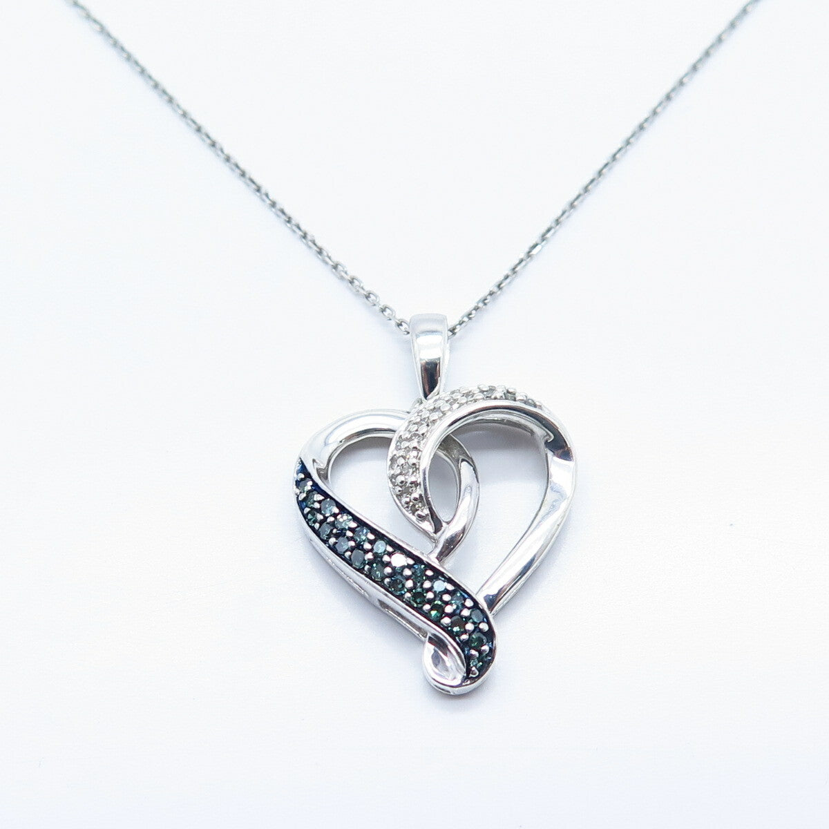 925 Sterling Silver Italy White Blue Diamond Open Heart Rolo Chain Necklace 18"