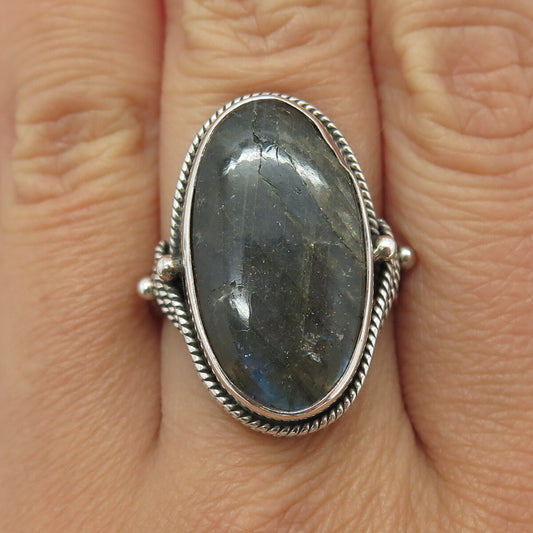 925 Sterling Silver Vintage Real Oval-Cut Labradorite Roped Ring Size 8.25