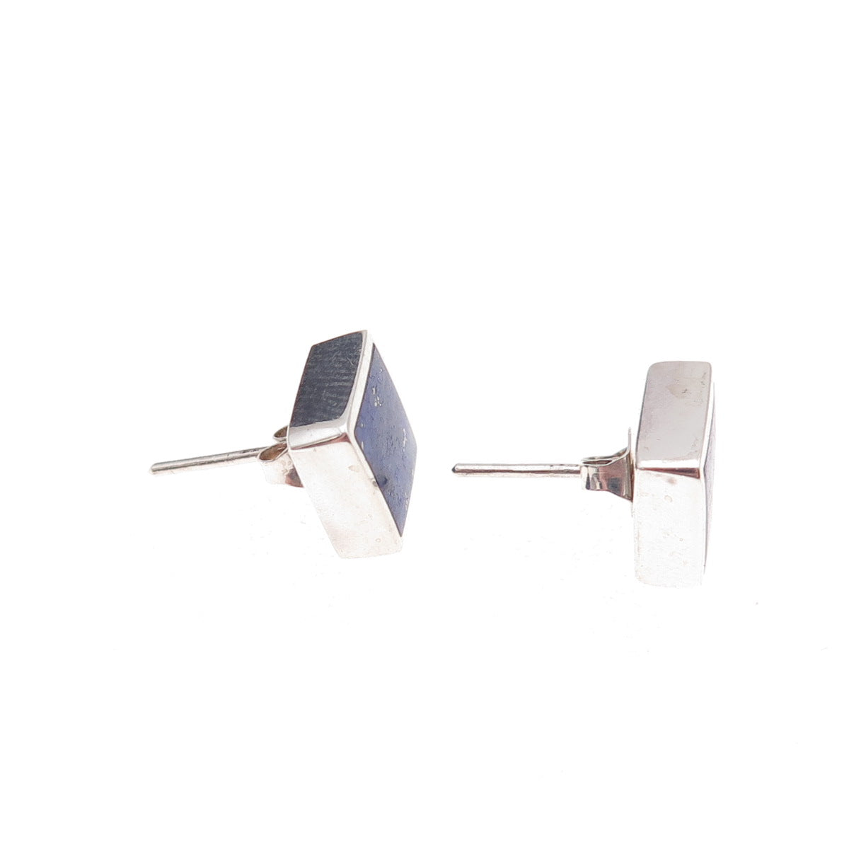 925 Sterling Silver Vintage Real Lapis Square Stud Earrings