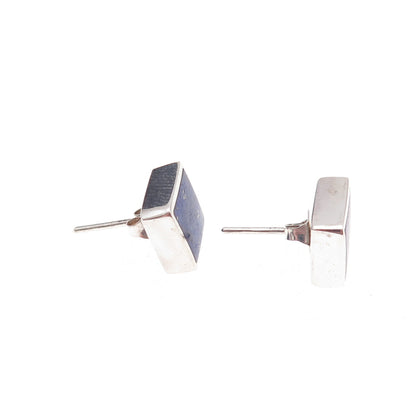 925 Sterling Silver Vintage Real Lapis Square Stud Earrings