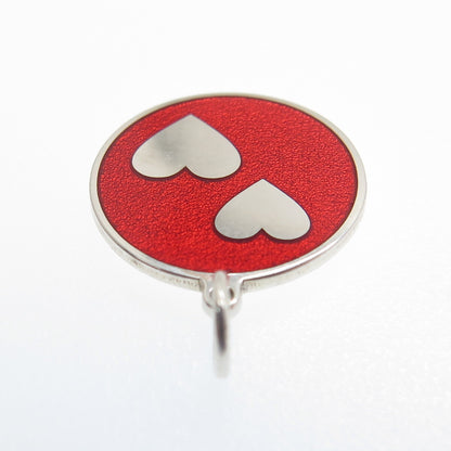 925 Sterling Silver Red Enamel Couple Hearts Round Tag Minimalist Charm Pendant