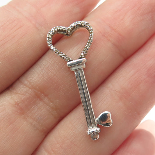 925 Sterling Silver Real Round-Cut Diamond Heart Key Slide Pendant