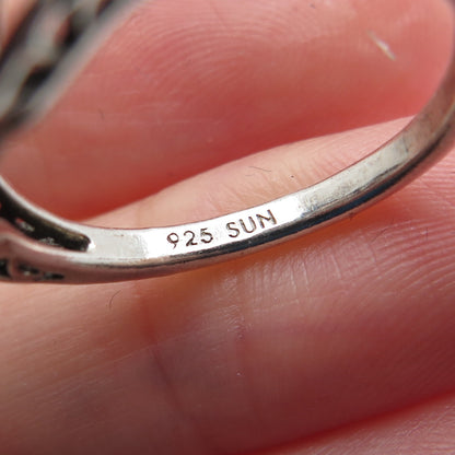 SUN 925 Sterling Silver Vintage Real Blue & White Topaz Oxidized Ring Size 7.75