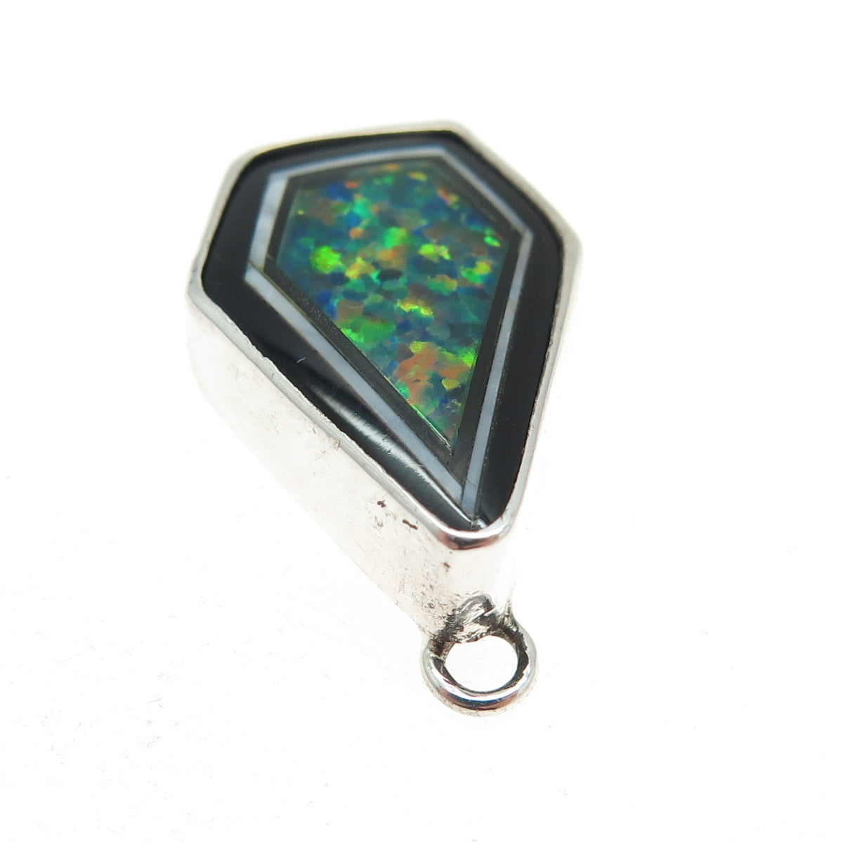 BILL MEX DINEH 925 Sterling Silver Vintage Mexico Black Onyx & Opal Gem Pendant