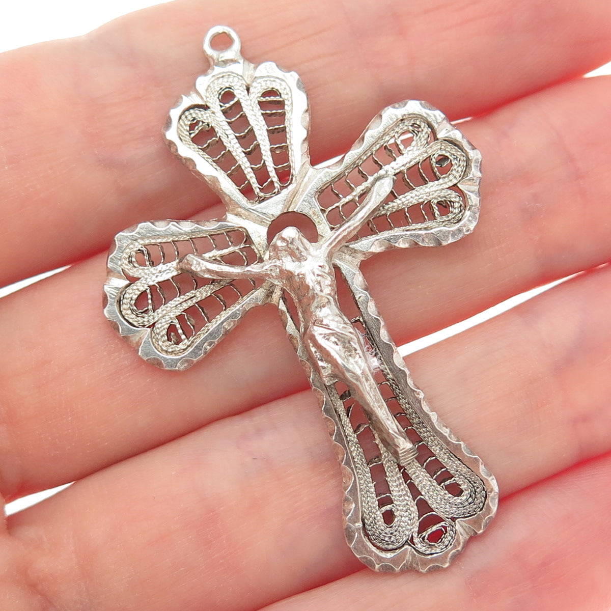 925 Sterling Silver Antique Art Deco Crucifix Cross Filigree Religious Pendant