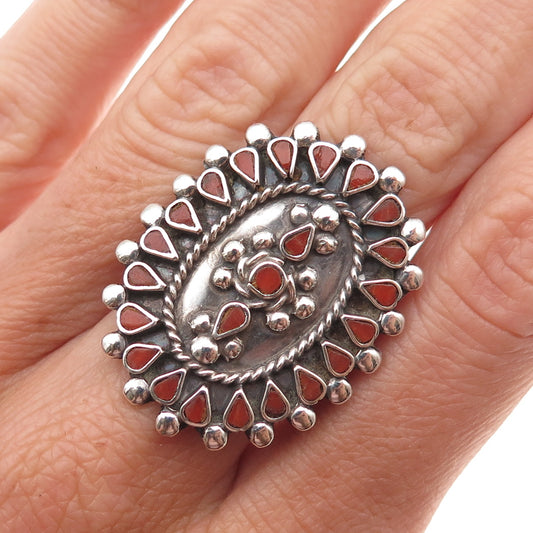 Old Pawn 925 Sterling Silver Vintage Southwestern Coral Tribal Ring Size 5.5