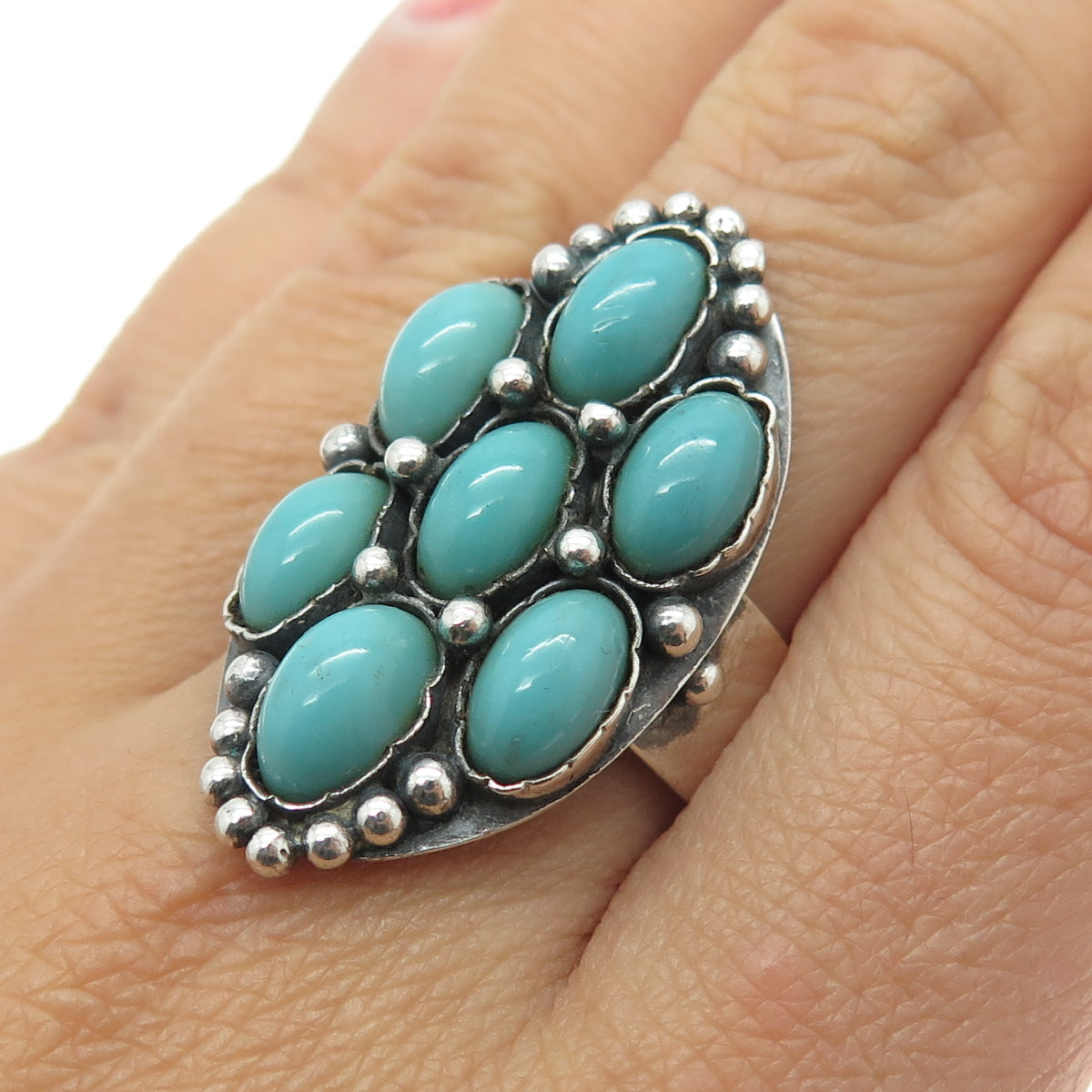 925 Sterling Silver Vintage Real Kingman Turquoise Cluster Ring Size 11.25