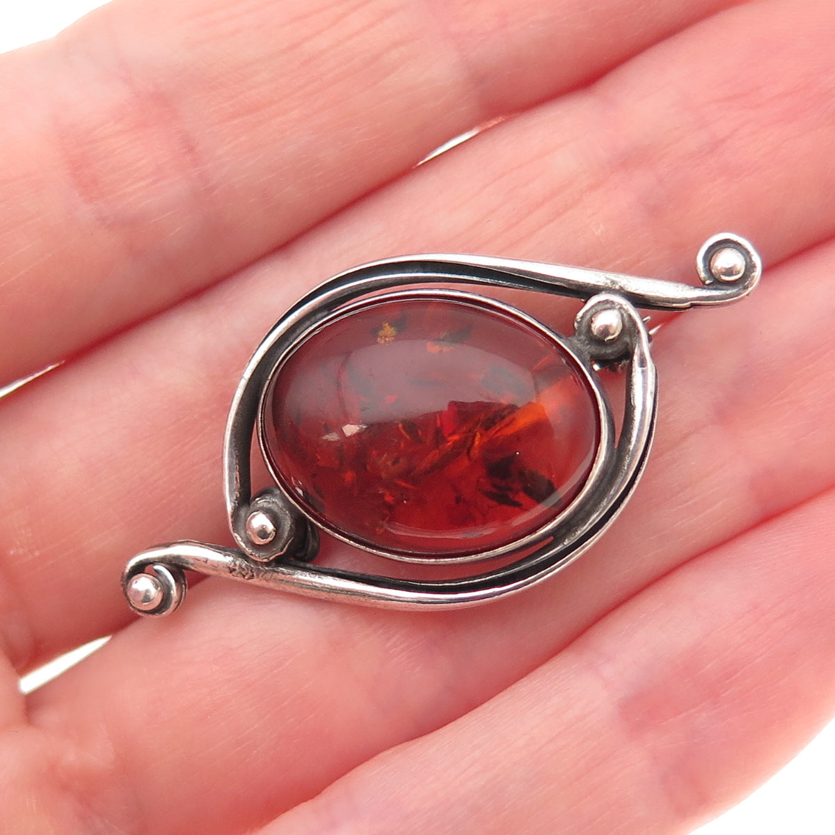 925 Sterling Silver Vintage Real Amber Modernist Oxidized Pin Brooch