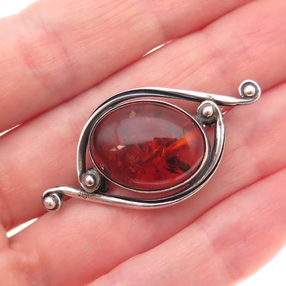 925 Sterling Silver Vintage Real Amber Modernist Oxidized Pin Brooch
