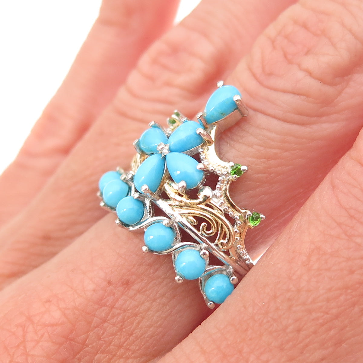 Chuck Clemency 925 Sterling 2-Tone Real Turquoise & Peridot Tiara Ring Size 8