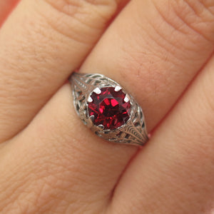 925 Sterling Silver Antique Art Deco Red Rhinestone Oxidized Ring Size 6.75