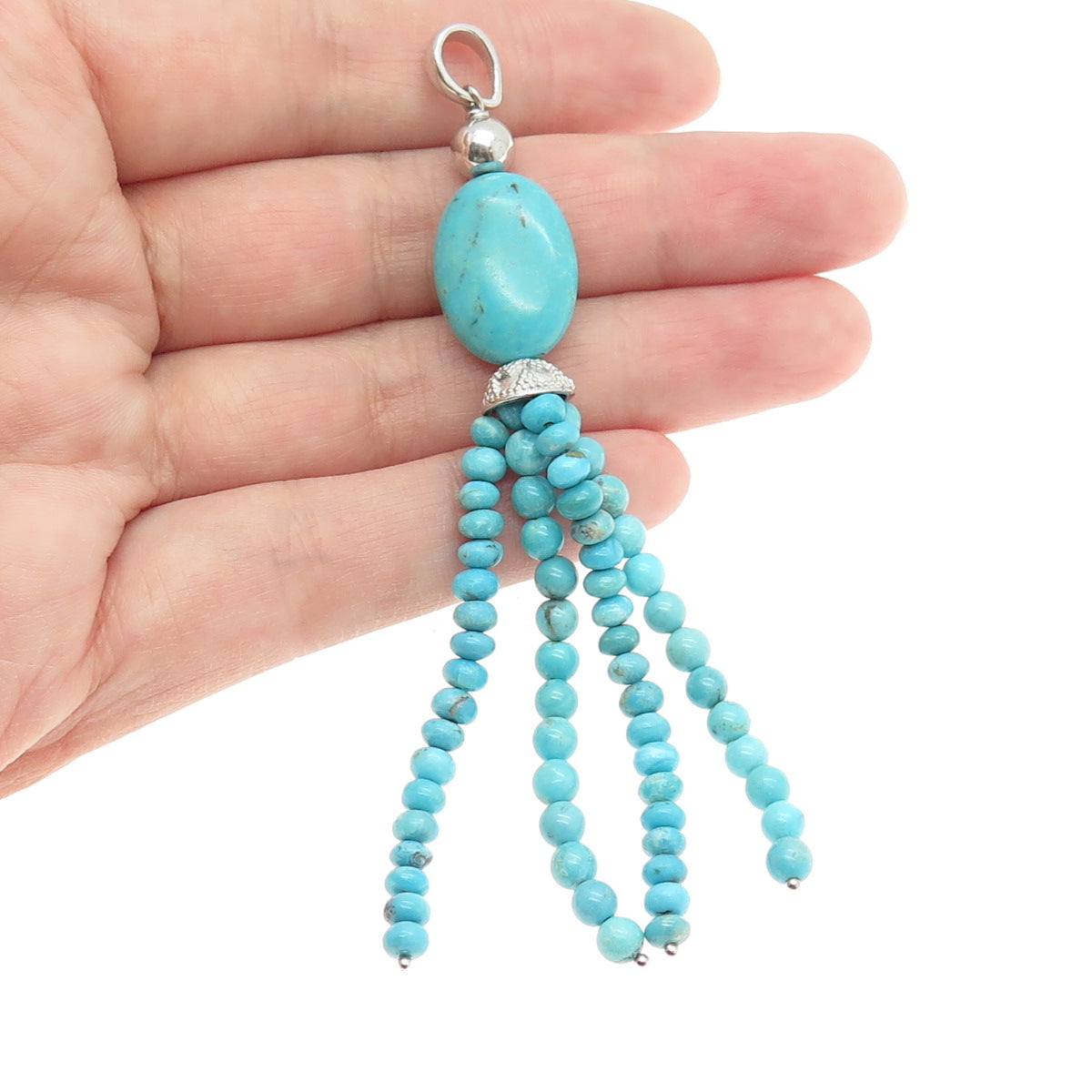 925 Sterling Silver Vintage Real Turquoise Gemstone Beaded Tassel Pendant