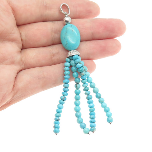 925 Sterling Silver Vintage Real Turquoise Gemstone Beaded Tassel Pendant