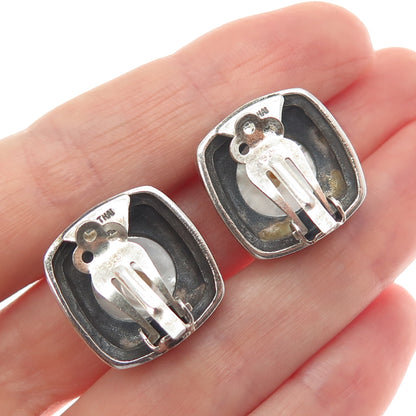 925 Sterling Silver Vintage Faux Pearl Modernist Oxidized Clip On Earrings