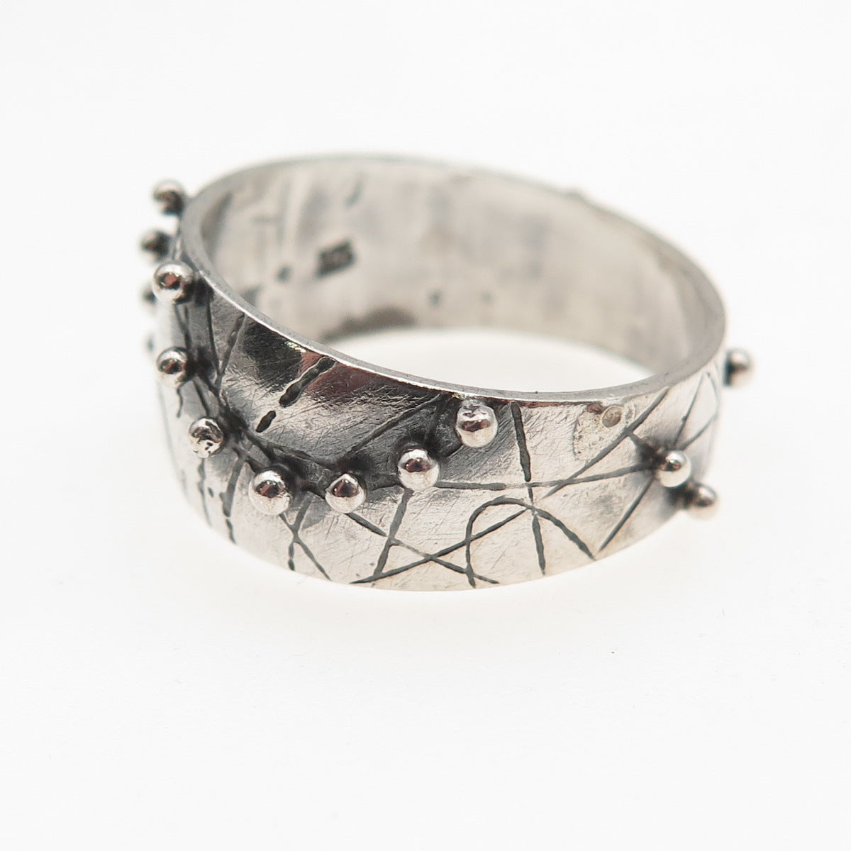 925 Sterling Silver Vintage Modernist Beaded Oxidized Ring Size 8.5