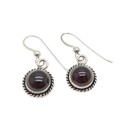 925 Sterling Silver Vintage Real Red Garnet Gemstone Dangle Hook Earrings