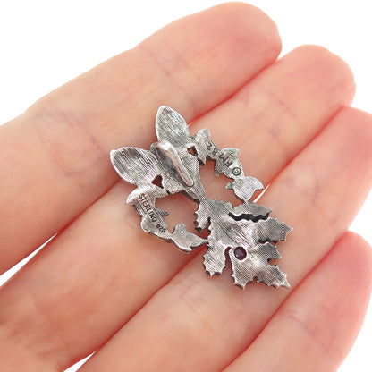 FRANKLIN MINT 925 Sterling Silver Vintage 1982 Real Ruby Holly Bow Slide Pendant