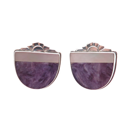 David Epstein 925 Sterling Silver Vintage Real Charoite & MOP Modernist Earrings