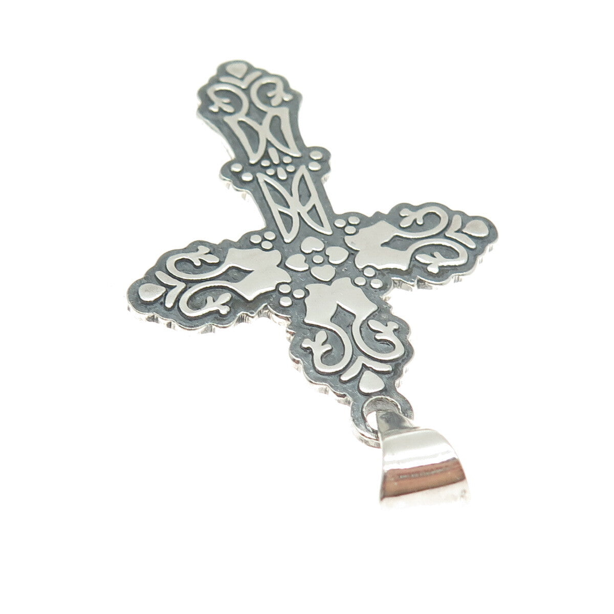 925 Sterling Silver Vintage CII Mexico Floral Cross Oxidized Pendant
