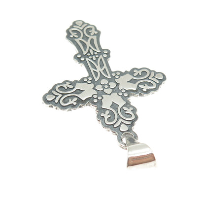 925 Sterling Silver Vintage CII Mexico Floral Cross Oxidized Pendant