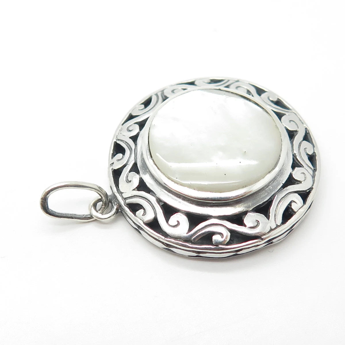 925 Sterling Silver Vintage Real Mother-of-Pearl Ornate Pendant