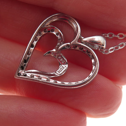 Sun 925 Sterling Silver Real Round-Cut Diamond Double Heart Chain Necklace 18"