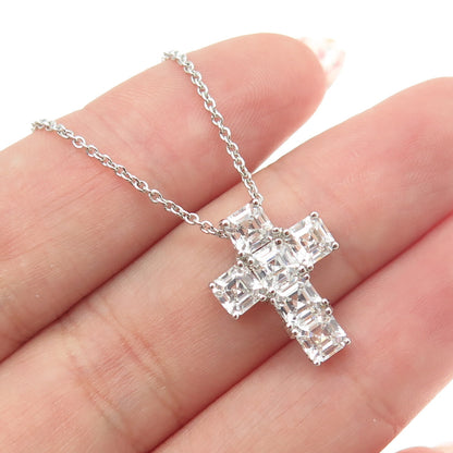 925 Sterling Silver Italy Asscher-Cut C Z Cross Cable Chain Necklace 16-18"