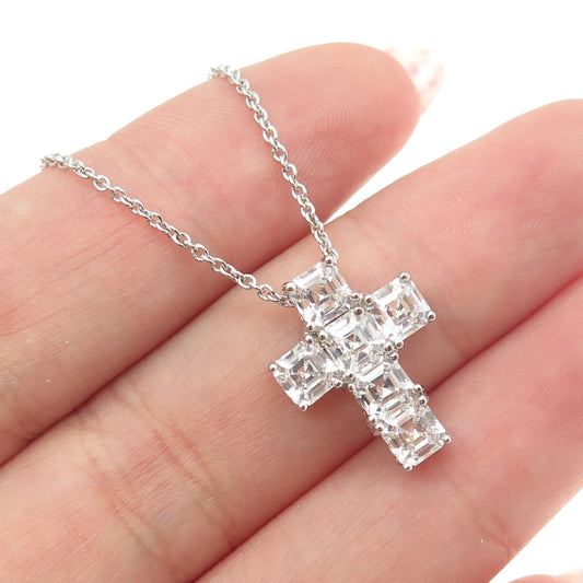 925 Sterling Silver Italy Asscher-Cut C Z Cross Cable Chain Necklace 16-18"