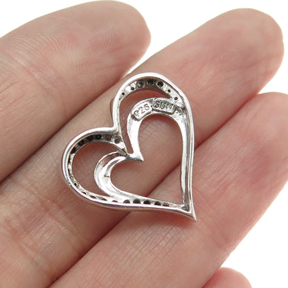 SUN 925 Sterling Silver Real Round-Cut Diamond Double Heart Slide Pendant