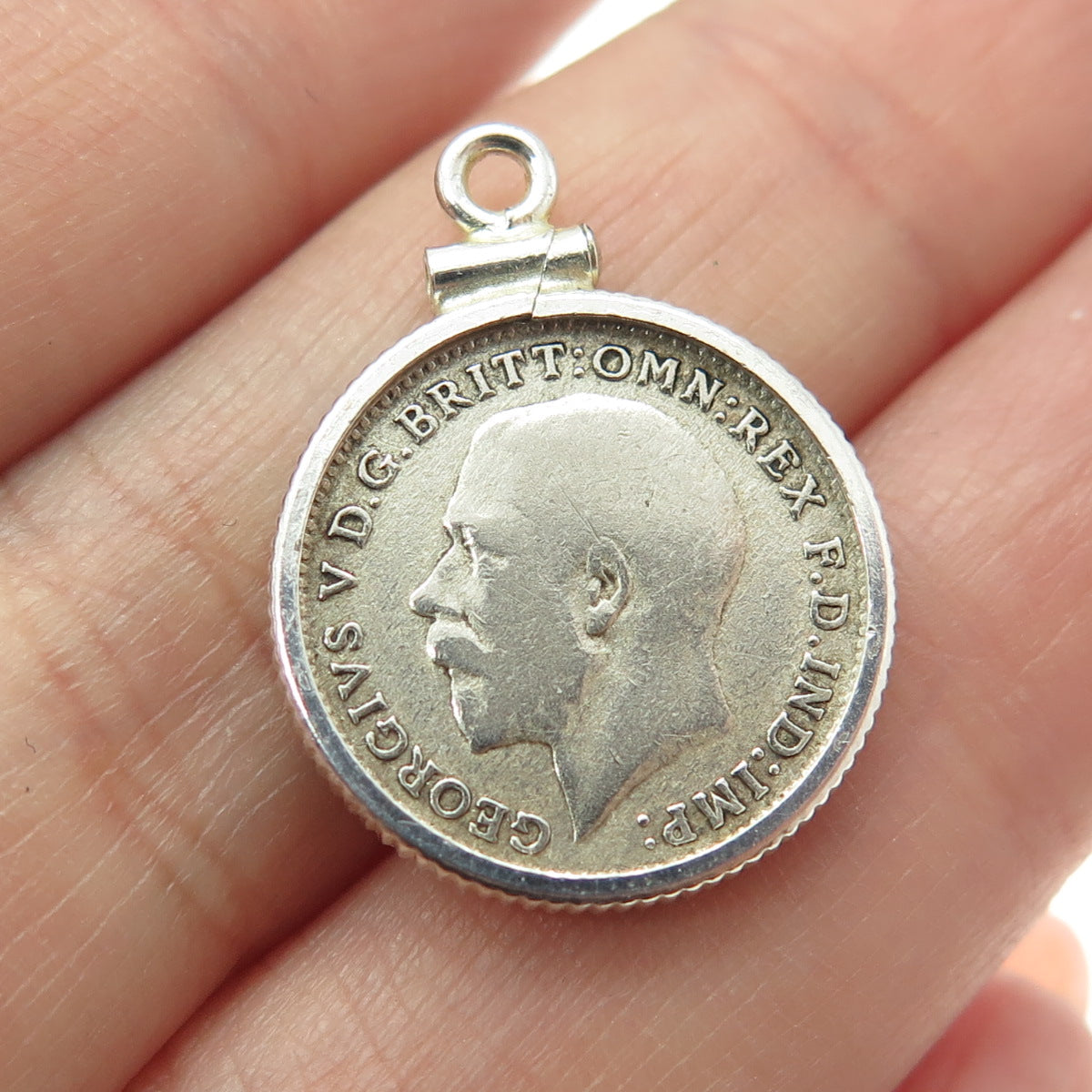 925 Sterling Silver Antique 1922 "3 Pence King George V" Coin Pendant