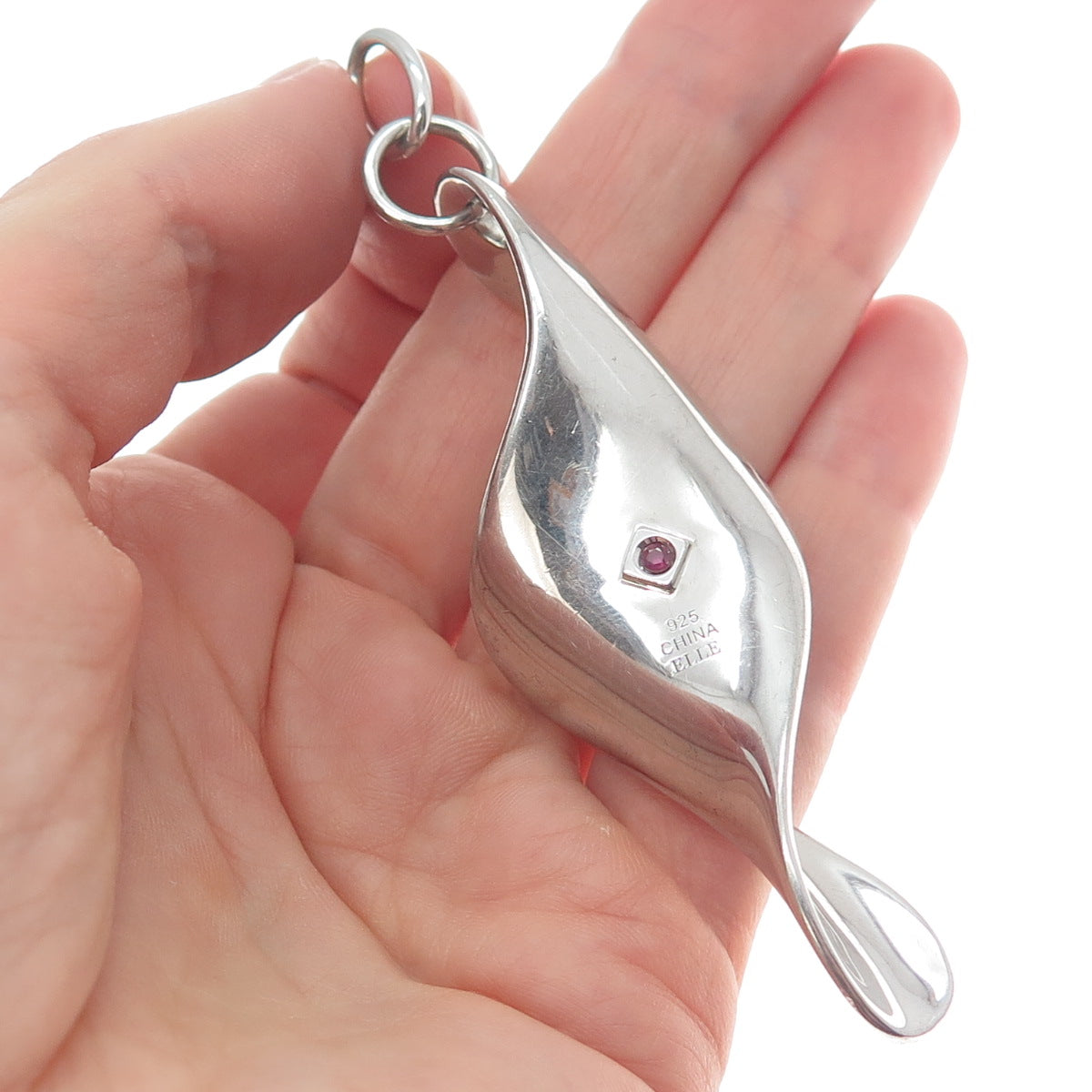 ELLE 925 Sterling Silver Vintage Real Ruby Modernist Twisted Pendant