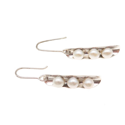 950 Silver Vintage Real Pearl Modernist Peapod Dangle Earrings