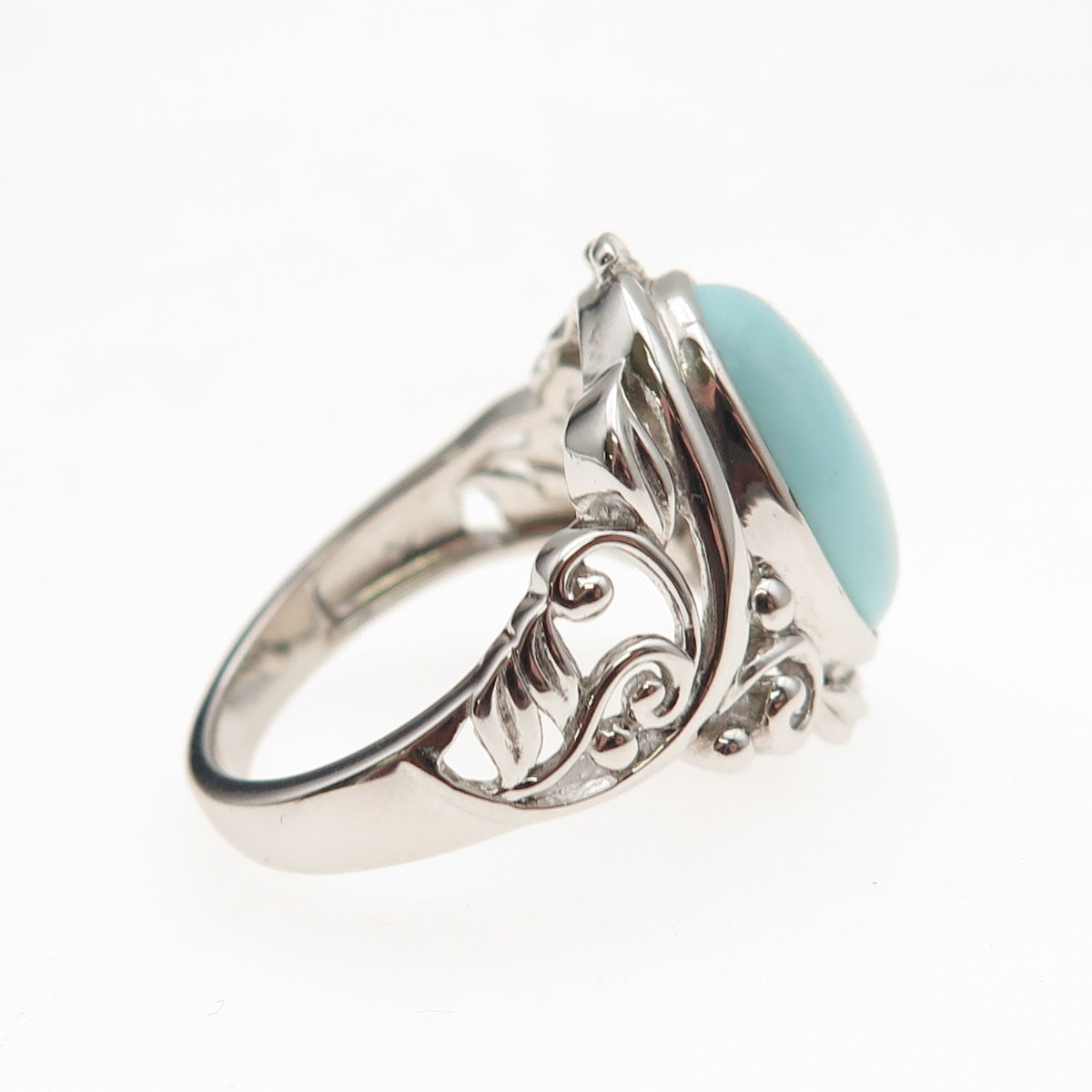 925 Sterling Silver Real Cabochon Tyrone Turquoise Floral Ring Size 8.25