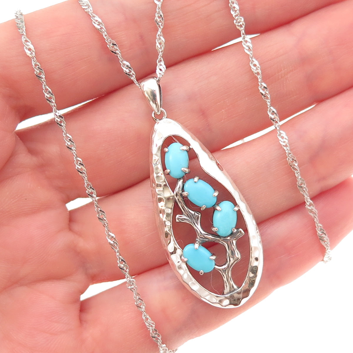 925 Sterling Real Sleeping Beauty Turquoise Singapore Chain Necklace 18-20"