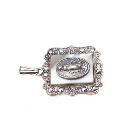 925 Sterling Silver Antique Art Deco Real MOP & Marcasite St. Mary Charm Pendant