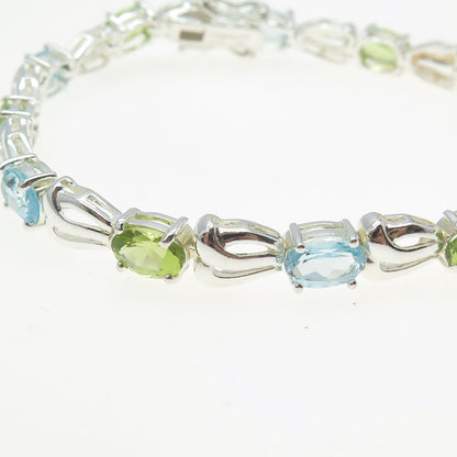 925 Sterling Silver Real Blue Topaz & Peridot Tennis Link Bracelet 7"