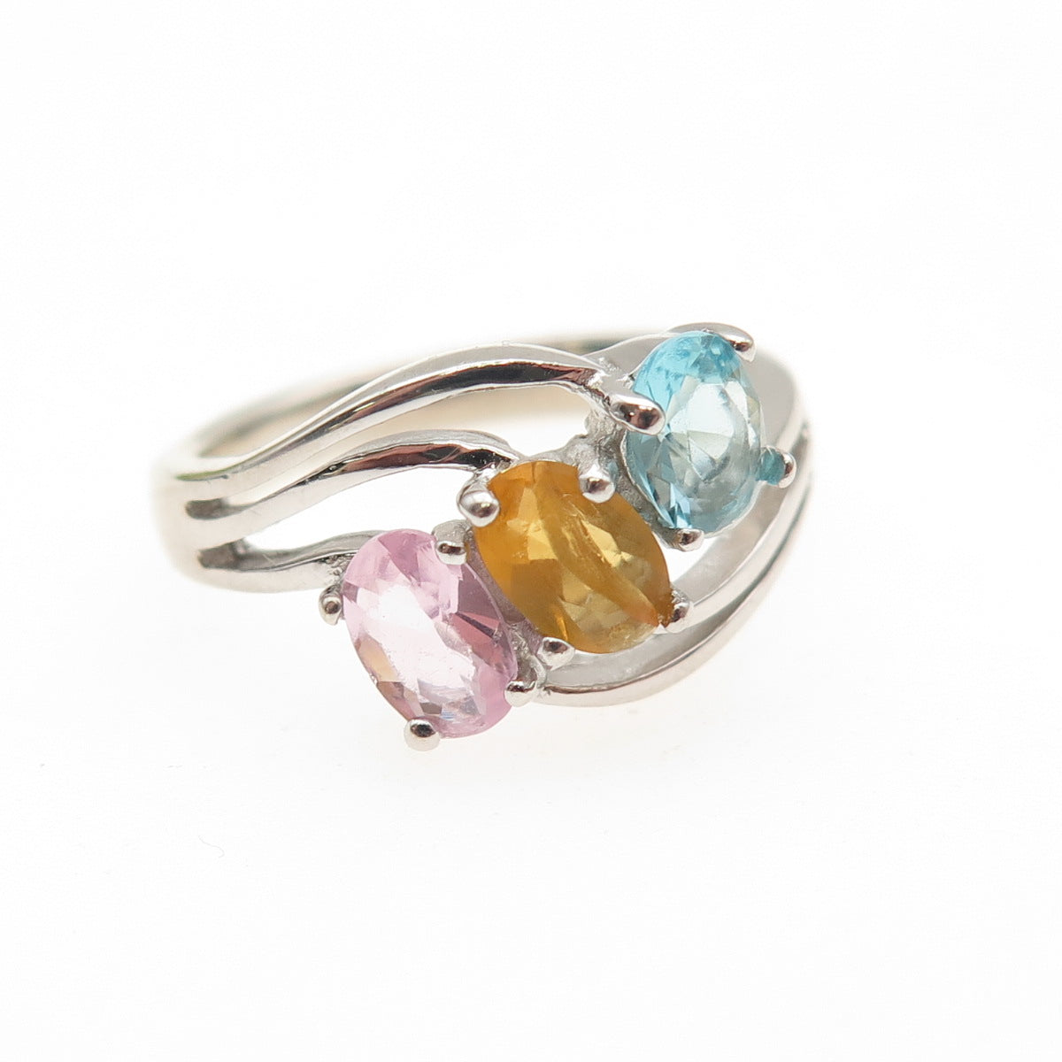 925 Sterling Silver Vintage Real Blue Topaz Pink Amethyst & Citrine Ring Size 6