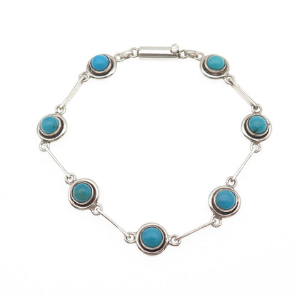 Old Pawn Sterling Silver Vintage Turquoise Station Link Tribal Bracelet 7.25"